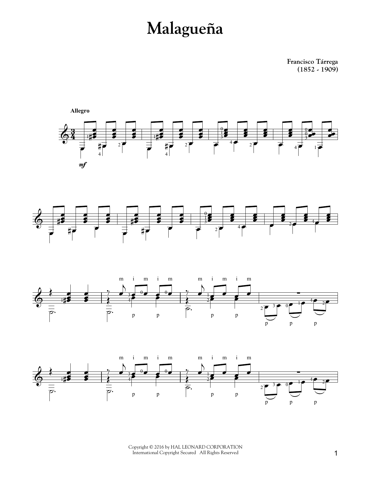 Francisco Tárrega Malagueña Sheet Music Notes & Chords for Guitar Tab - Download or Print PDF