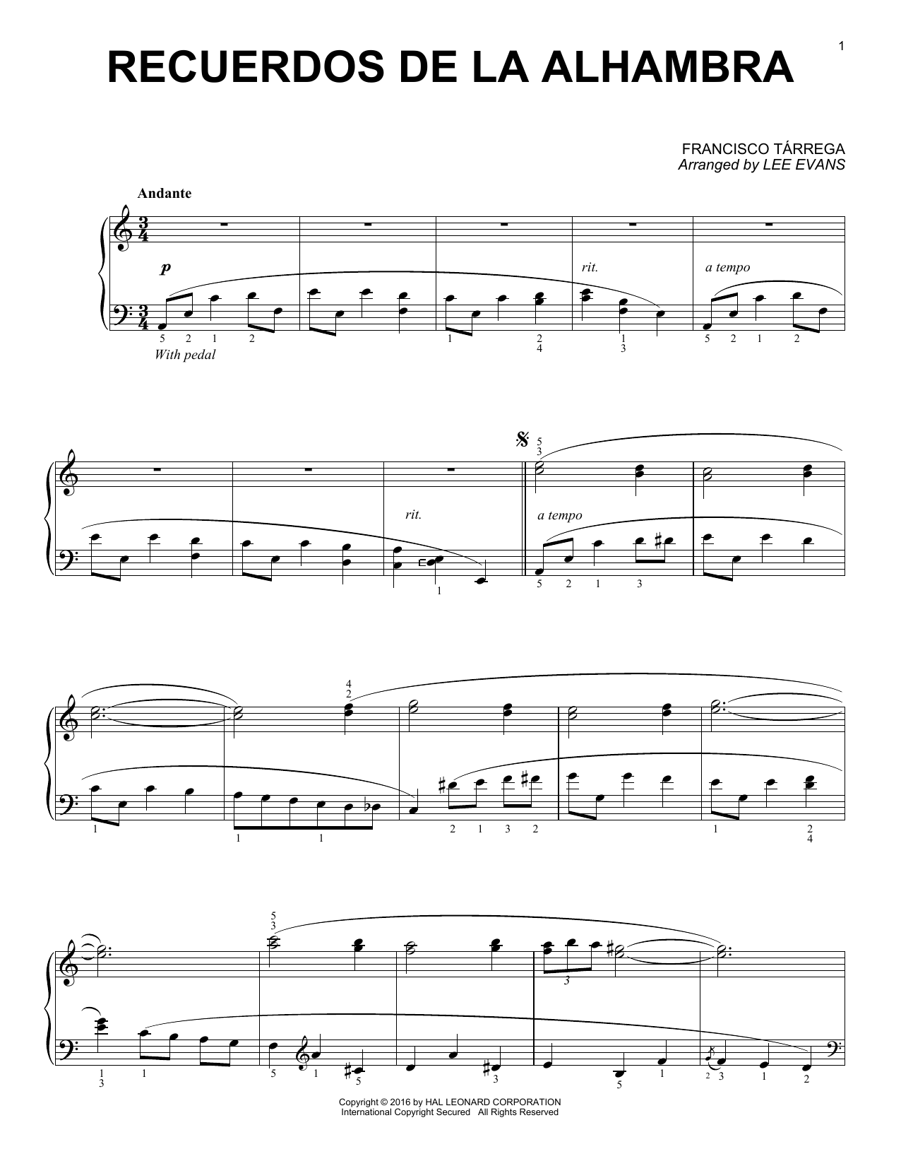 Lee Evans Recuerdos de la Alhambra Sheet Music Notes & Chords for Piano - Download or Print PDF