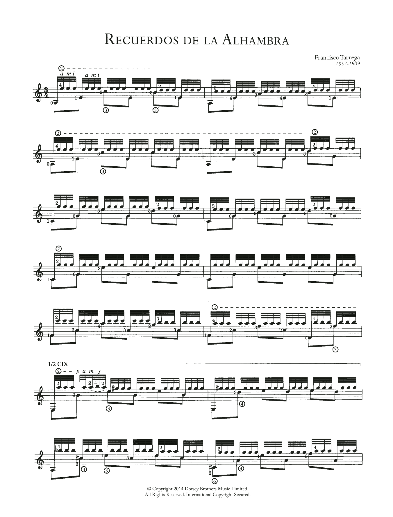 Francisco Tarrega Recuerdos de la Alhambra Sheet Music Notes & Chords for String Solo - Download or Print PDF