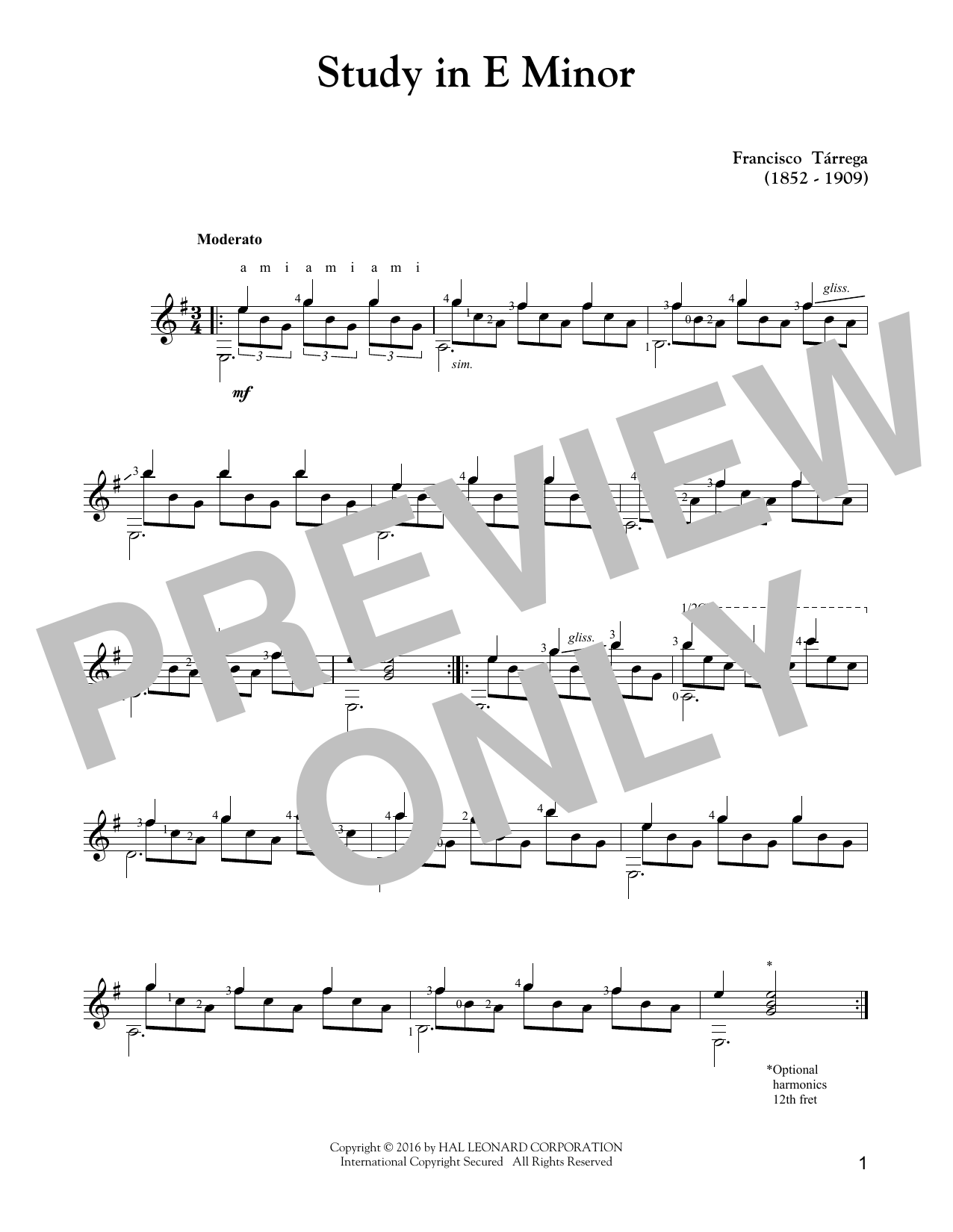 Francisco Tarrega Study In E Minor Sheet Music Notes & Chords for Solo Guitar - Download or Print PDF