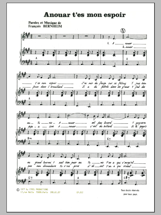 Francois Bernheim Ainhouar T'es Mon Espoir Sheet Music Notes & Chords for Piano & Vocal - Download or Print PDF