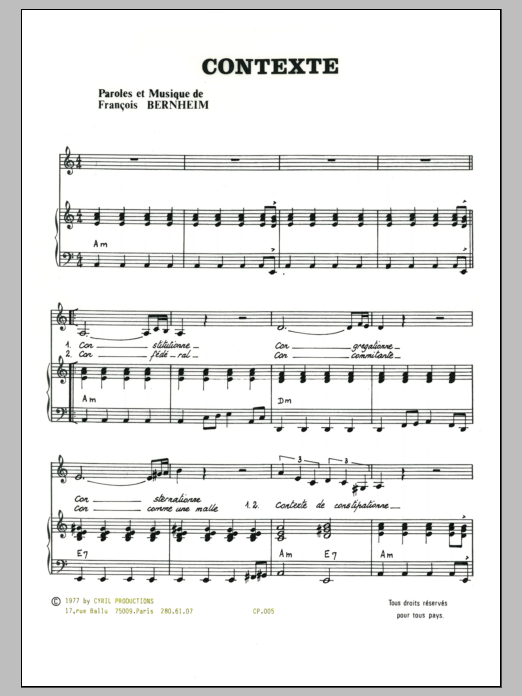 Francois Bernheim Contexte Sheet Music Notes & Chords for Piano & Vocal - Download or Print PDF
