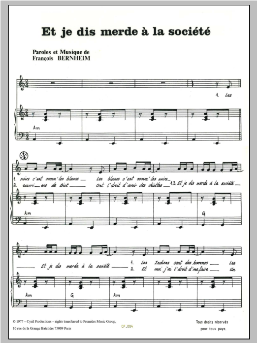 Francois Bernheim Et Je Dis Merde A La Societe Sheet Music Notes & Chords for Piano & Vocal - Download or Print PDF