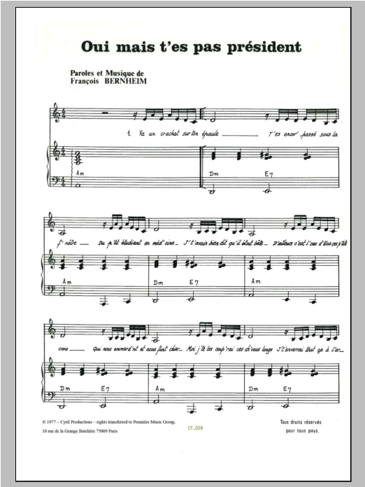 Francois Bernheim Oui Mais T'es Pas President Sheet Music Notes & Chords for Piano & Vocal - Download or Print PDF