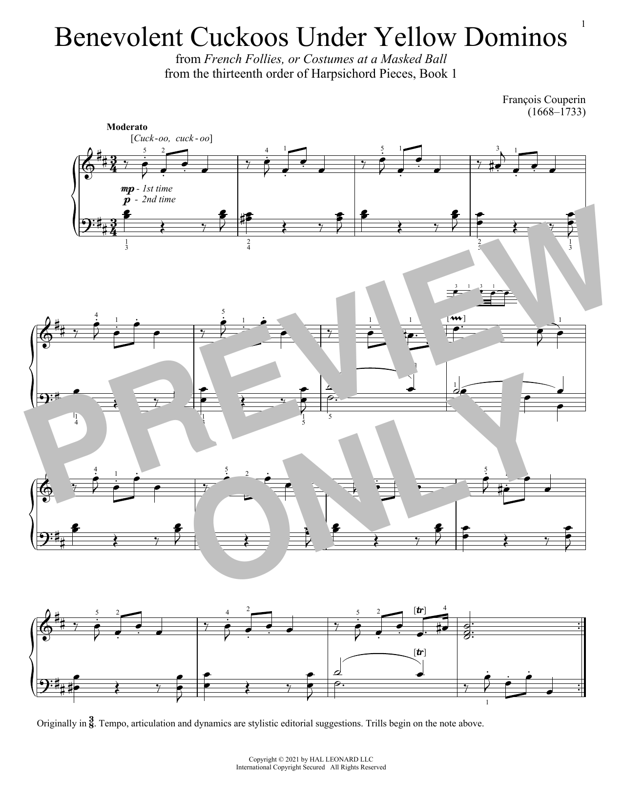 Francois Couperin Benevolent Cuckoos Under Yellow Dominos Sheet Music Notes & Chords for Piano Solo - Download or Print PDF