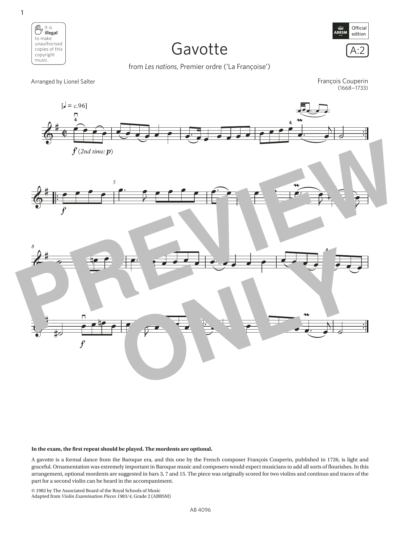 François Couperin Gavotte (Grade 2, A2, from the ABRSM Violin Syllabus from 2024) Sheet Music Notes & Chords for Violin Solo - Download or Print PDF