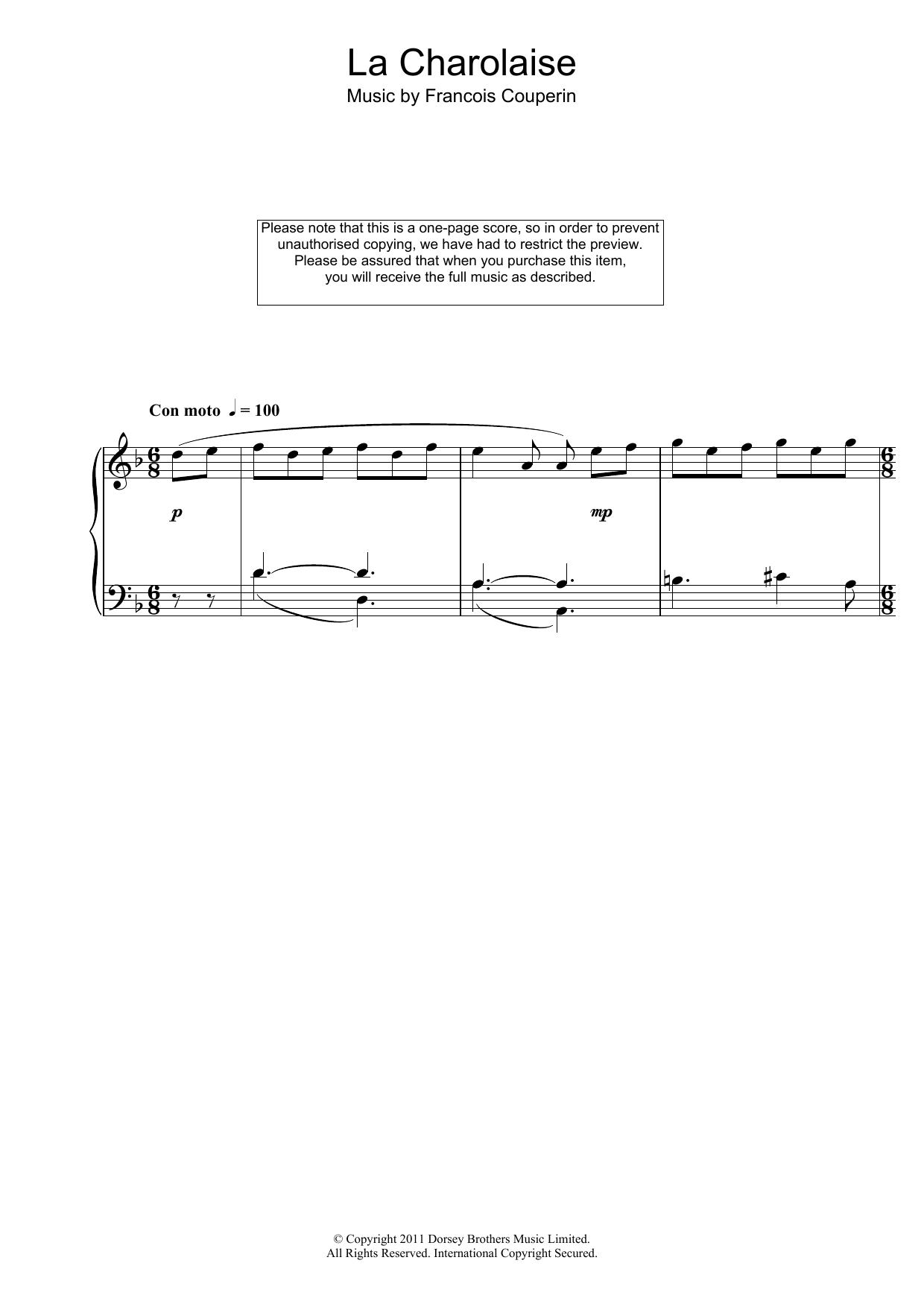 François Couperin La Charolaise Sheet Music Notes & Chords for Piano - Download or Print PDF