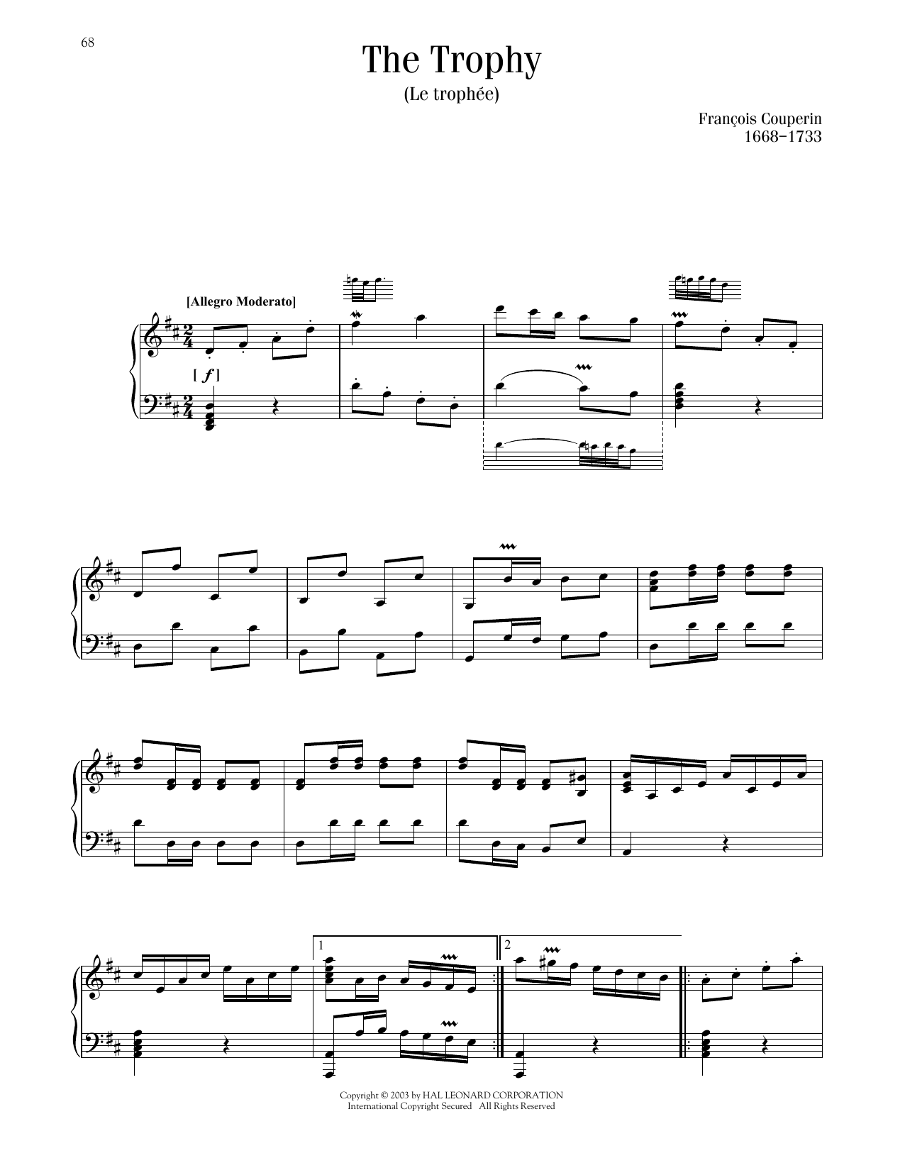 Francois Couperin Le Trophee (The Trophy) Sheet Music Notes & Chords for Piano Solo - Download or Print PDF