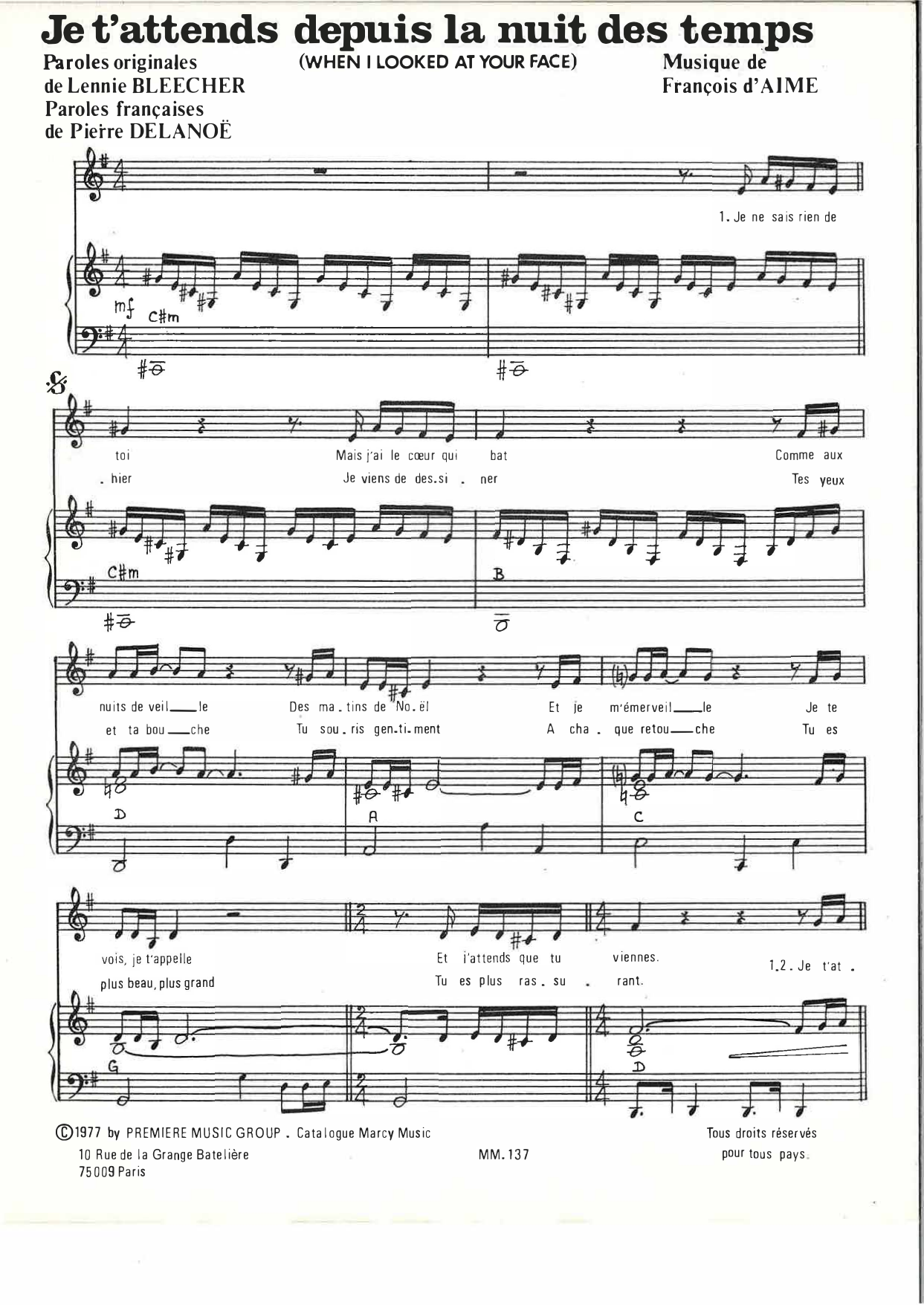François d'Aime Je t'attends depuis la nuit des temps Sheet Music Notes & Chords for Piano & Vocal - Download or Print PDF