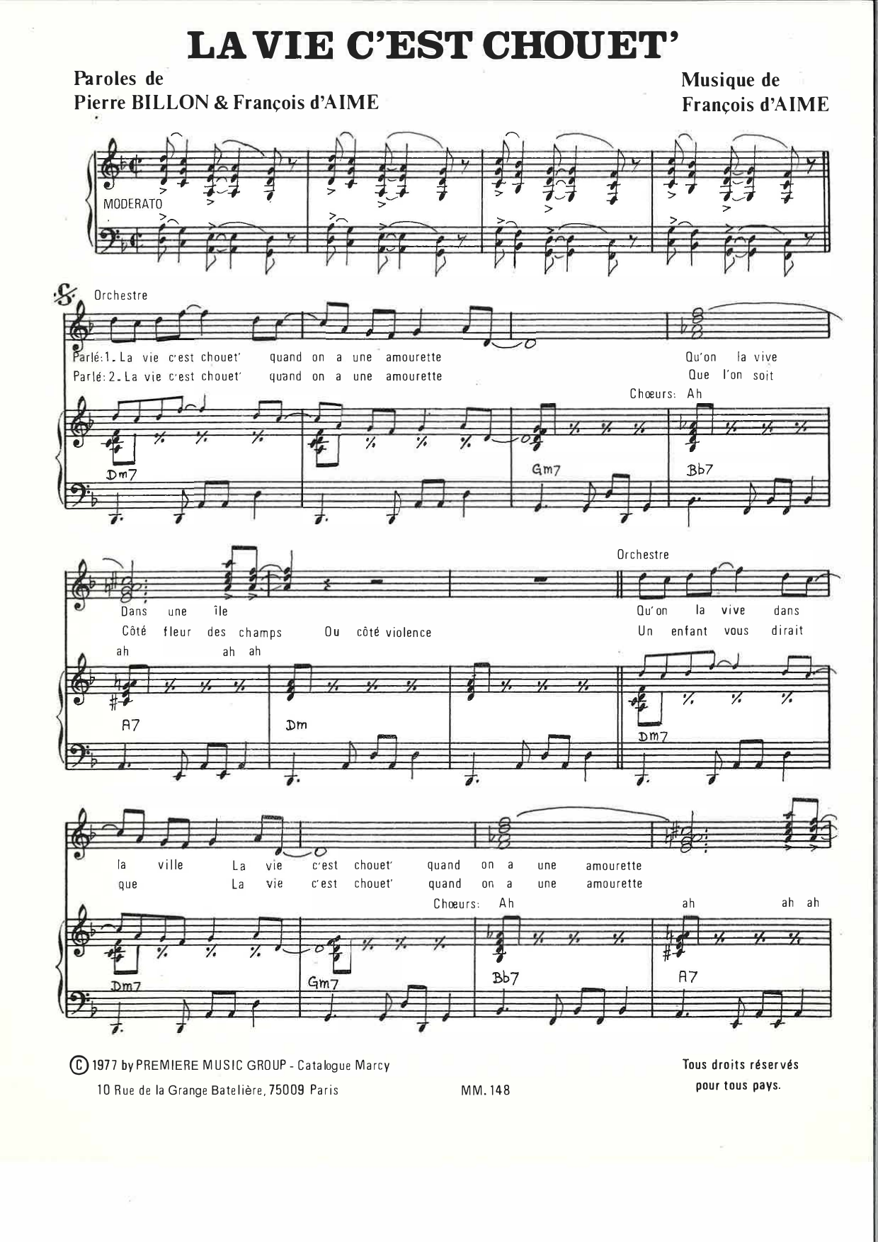 François d'Aime La vie c'est chouet' Sheet Music Notes & Chords for Piano & Vocal - Download or Print PDF
