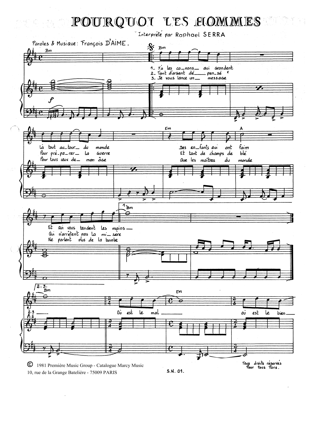 François d'Aime Pourquoi Les Hommes Sheet Music Notes & Chords for Piano & Vocal - Download or Print PDF