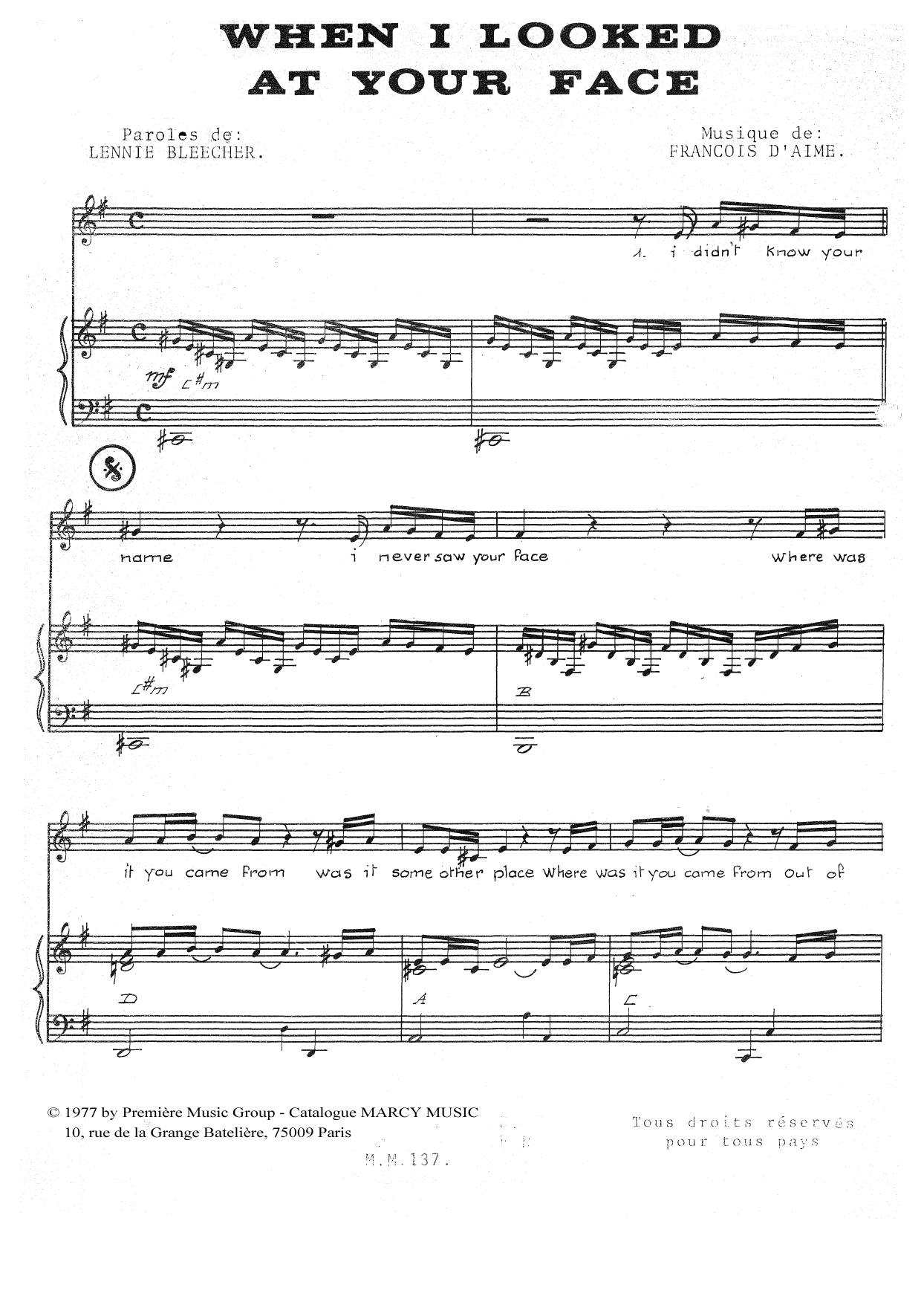 François d'Aime When I Looked At Your Face Sheet Music Notes & Chords for Piano & Vocal - Download or Print PDF