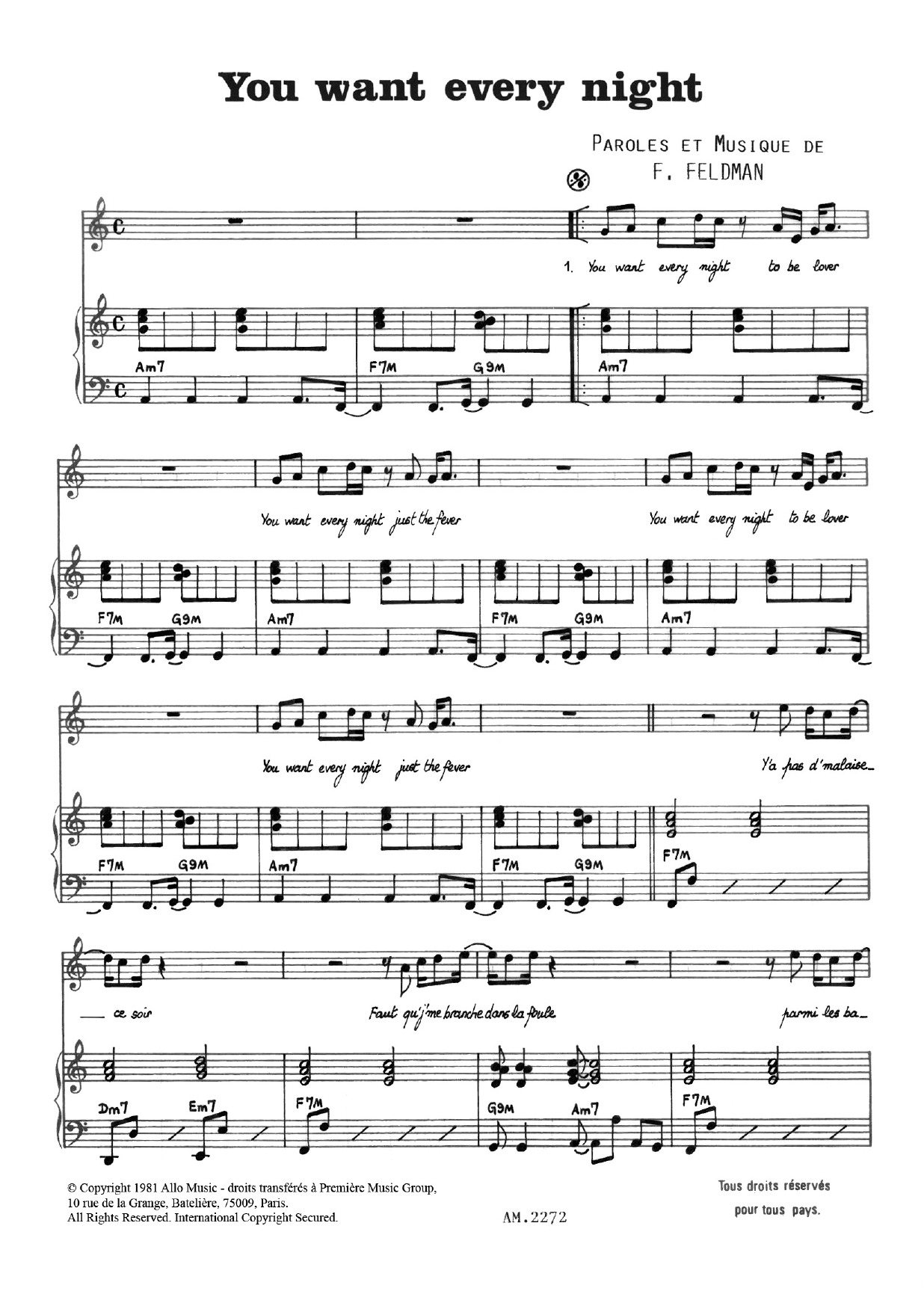 Francois Feldman You Want Every Night Sheet Music Notes & Chords for Piano & Vocal - Download or Print PDF