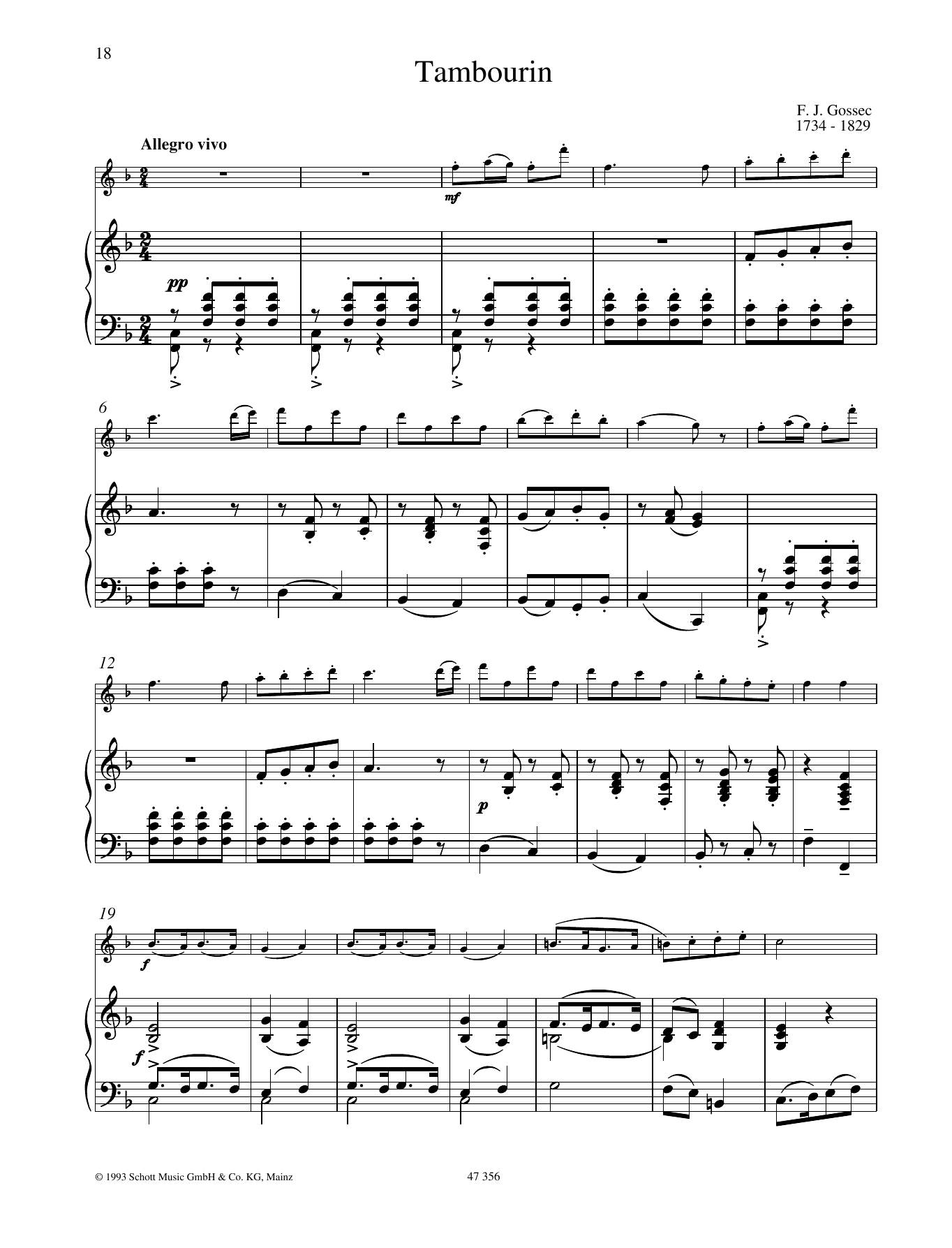 François-Joseph Gossec Tambourin Sheet Music Notes & Chords for Woodwind Solo - Download or Print PDF