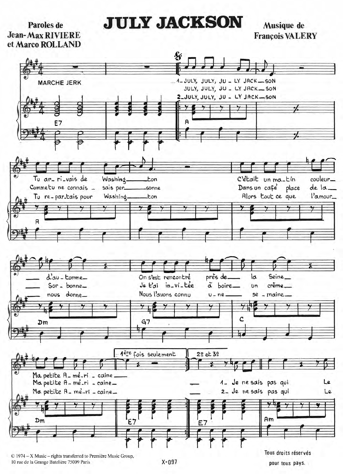 Francois Valery July Jackson Sheet Music Notes & Chords for Piano & Vocal - Download or Print PDF