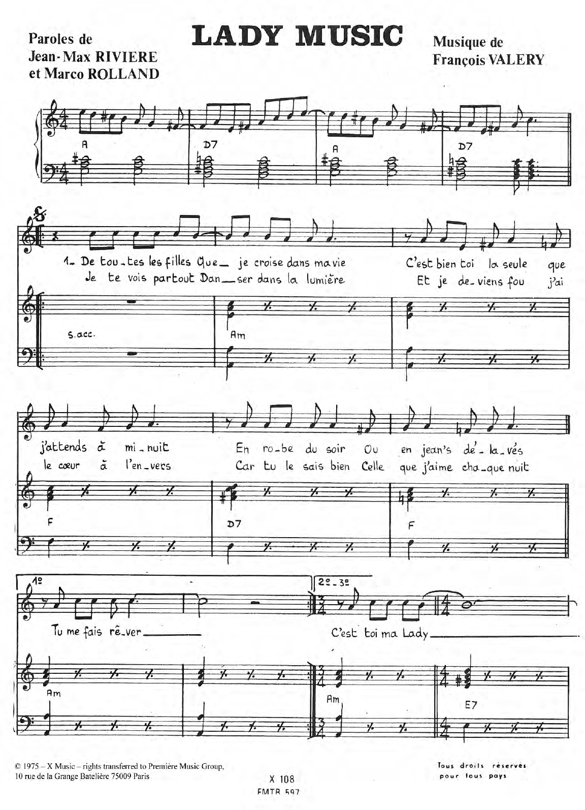 Francois Valery Lady Music Sheet Music Notes & Chords for Piano & Vocal - Download or Print PDF