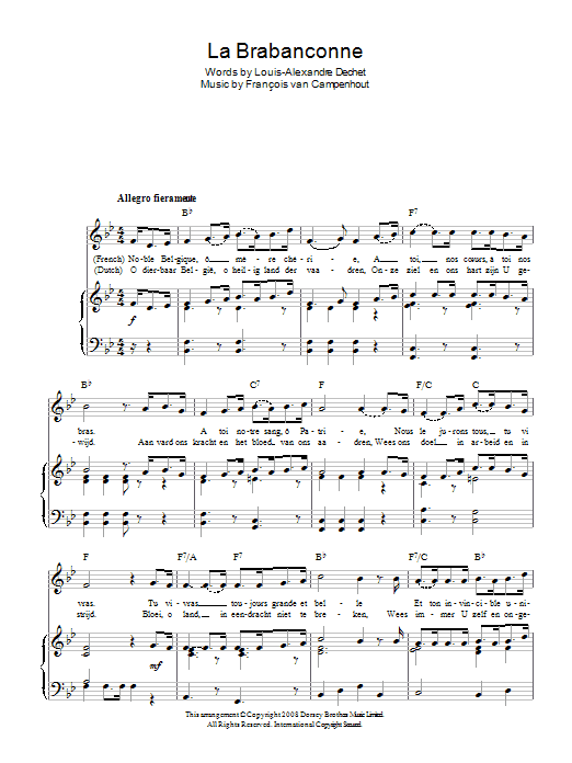 Francois van Campenhout La Brabanconne (Belgian National Anthem) Sheet Music Notes & Chords for Piano, Vocal & Guitar (Right-Hand Melody) - Download or Print PDF