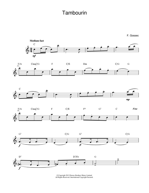 Preview Francois Gossec Tambourin Classical sheet music, notes and chords for Melody Line & Chords, SKU: 14178 Tambourin sheet music