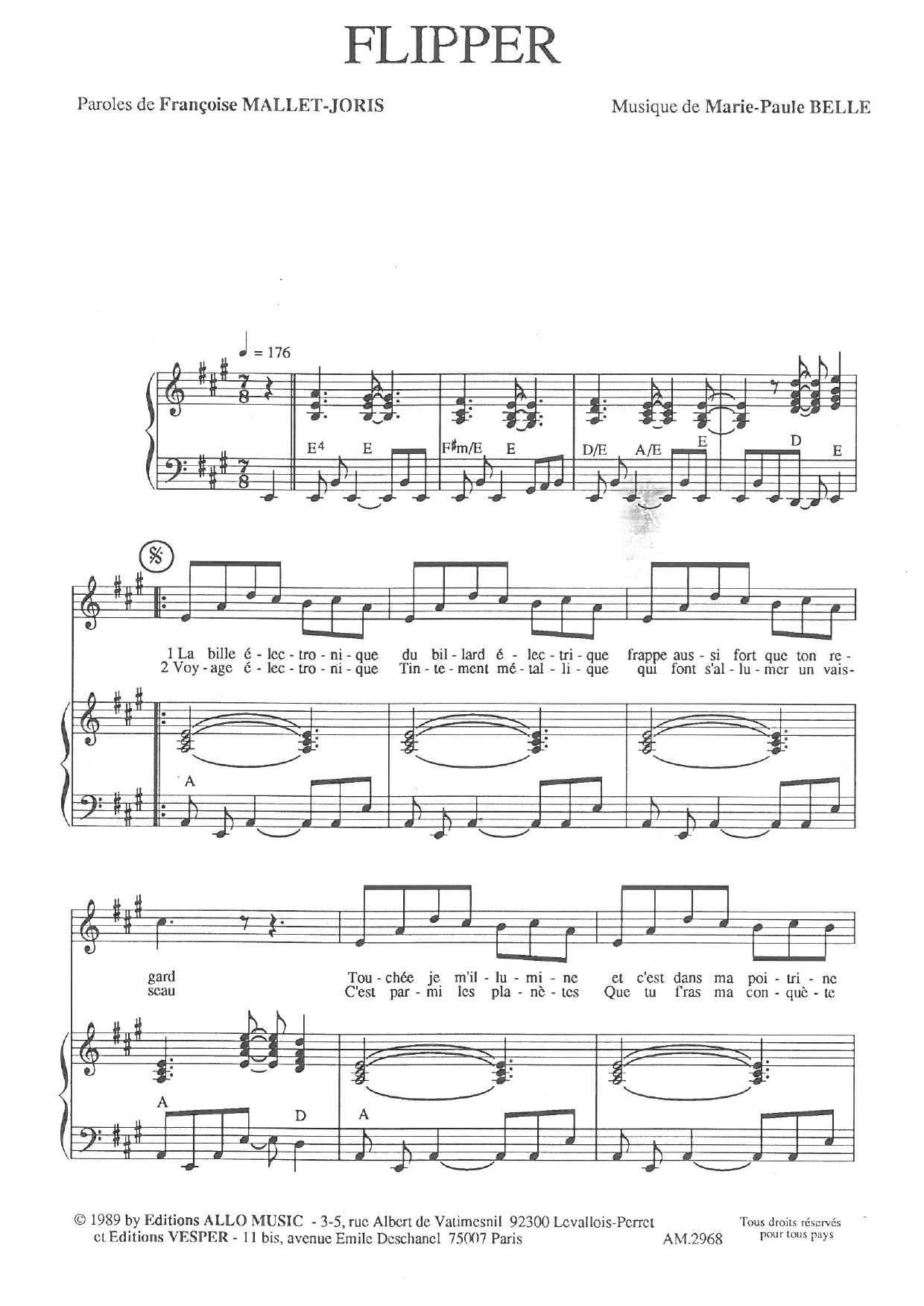 Françoise Mallet-Joris and Marie Paule Belle Flipper Sheet Music Notes & Chords for Piano & Vocal - Download or Print PDF