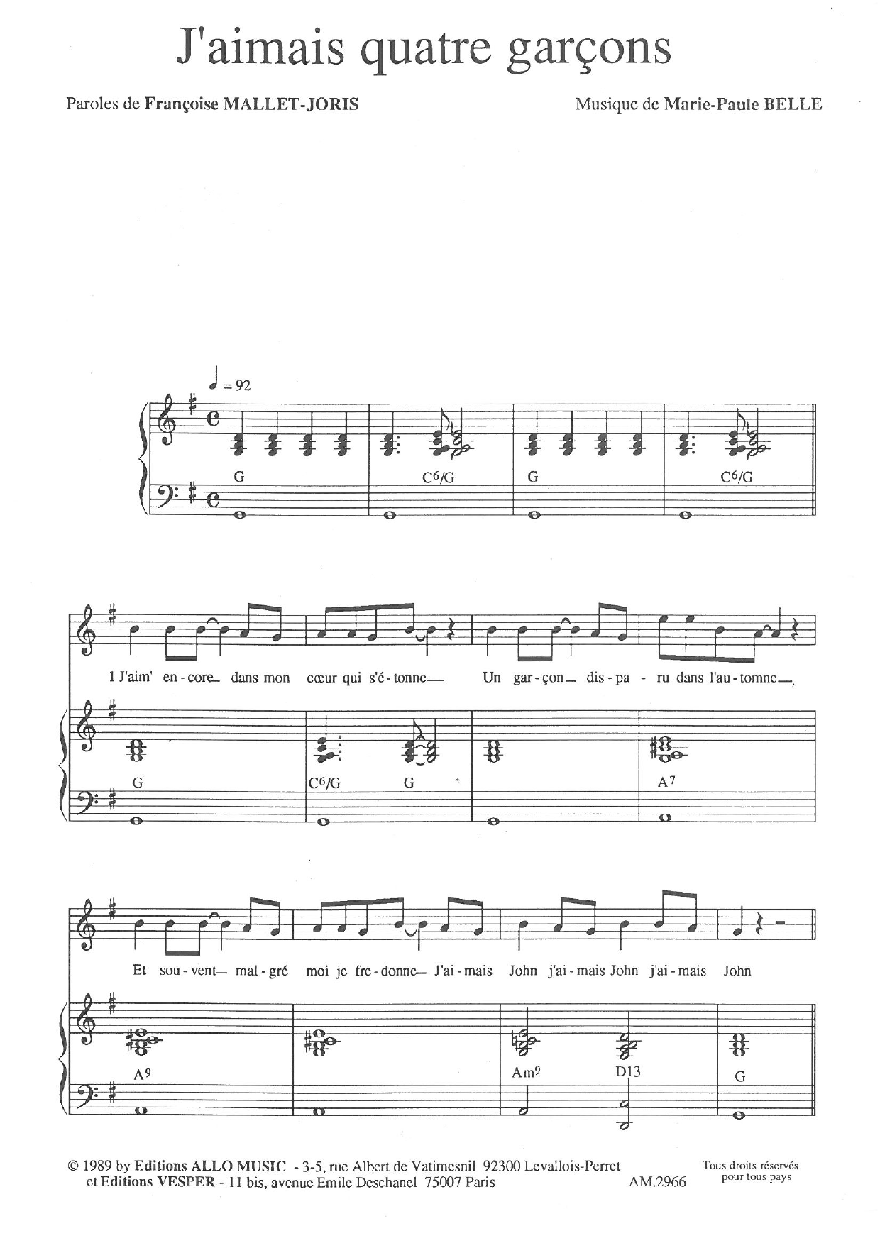 Françoise Mallet-Joris and Marie Paule Belle J'aimais Quatre Garçons Sheet Music Notes & Chords for Piano & Vocal - Download or Print PDF