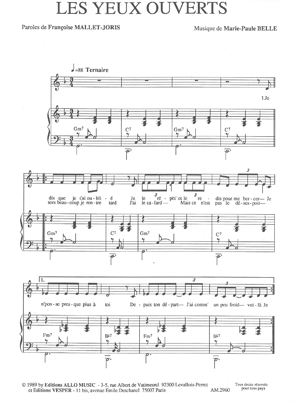 Françoise Mallet-Joris and Marie Paule Belle Les Yeux Ouverts Sheet Music Notes & Chords for Piano & Vocal - Download or Print PDF