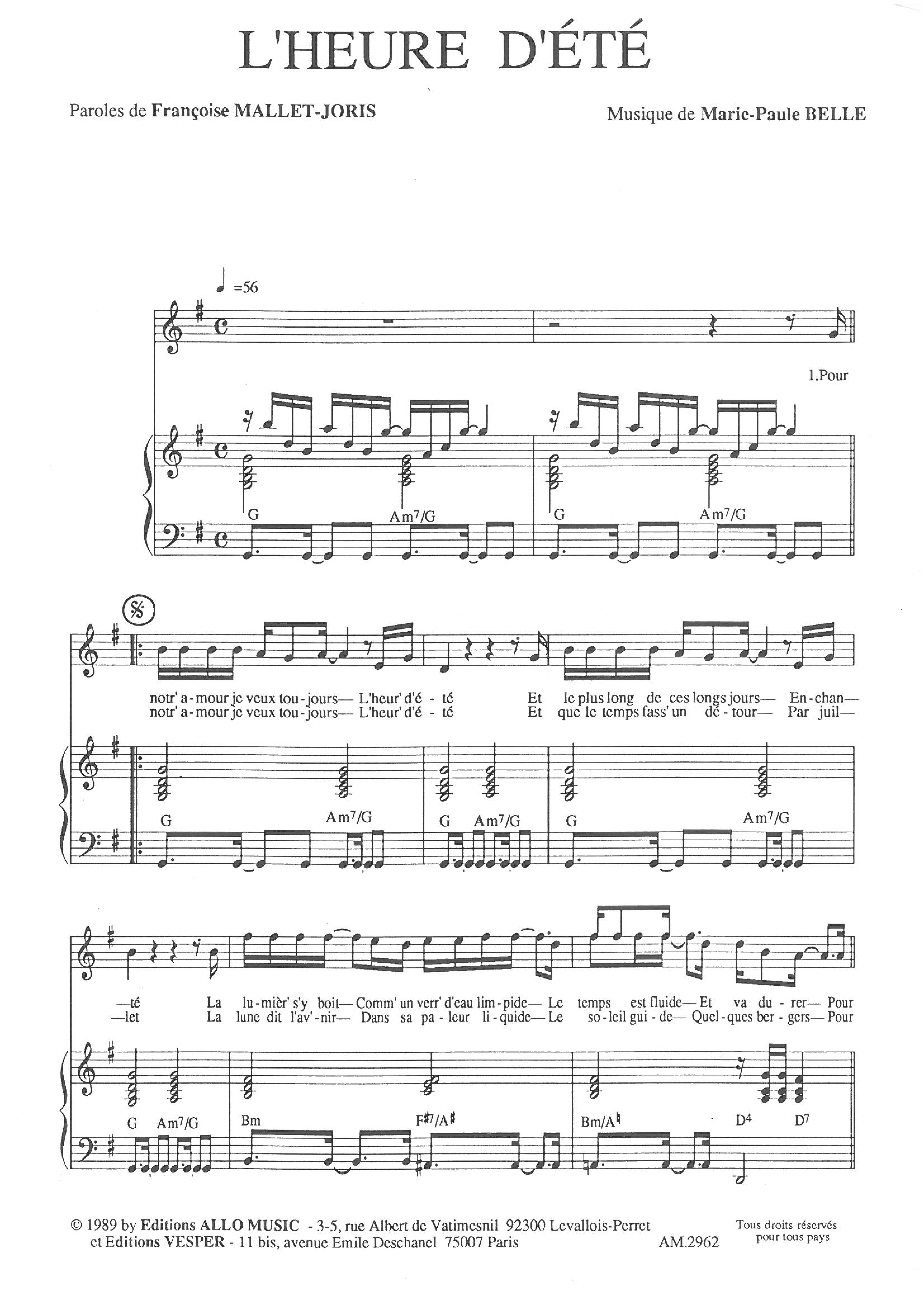 Françoise Mallet-Joris and Marie Paule Belle L'heure D'ete Sheet Music Notes & Chords for Piano & Vocal - Download or Print PDF