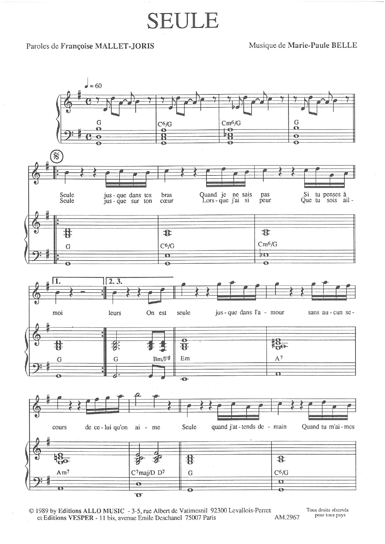 Françoise Mallet-Joris and Marie Paule Belle Seule Sheet Music Notes & Chords for Piano & Vocal - Download or Print PDF