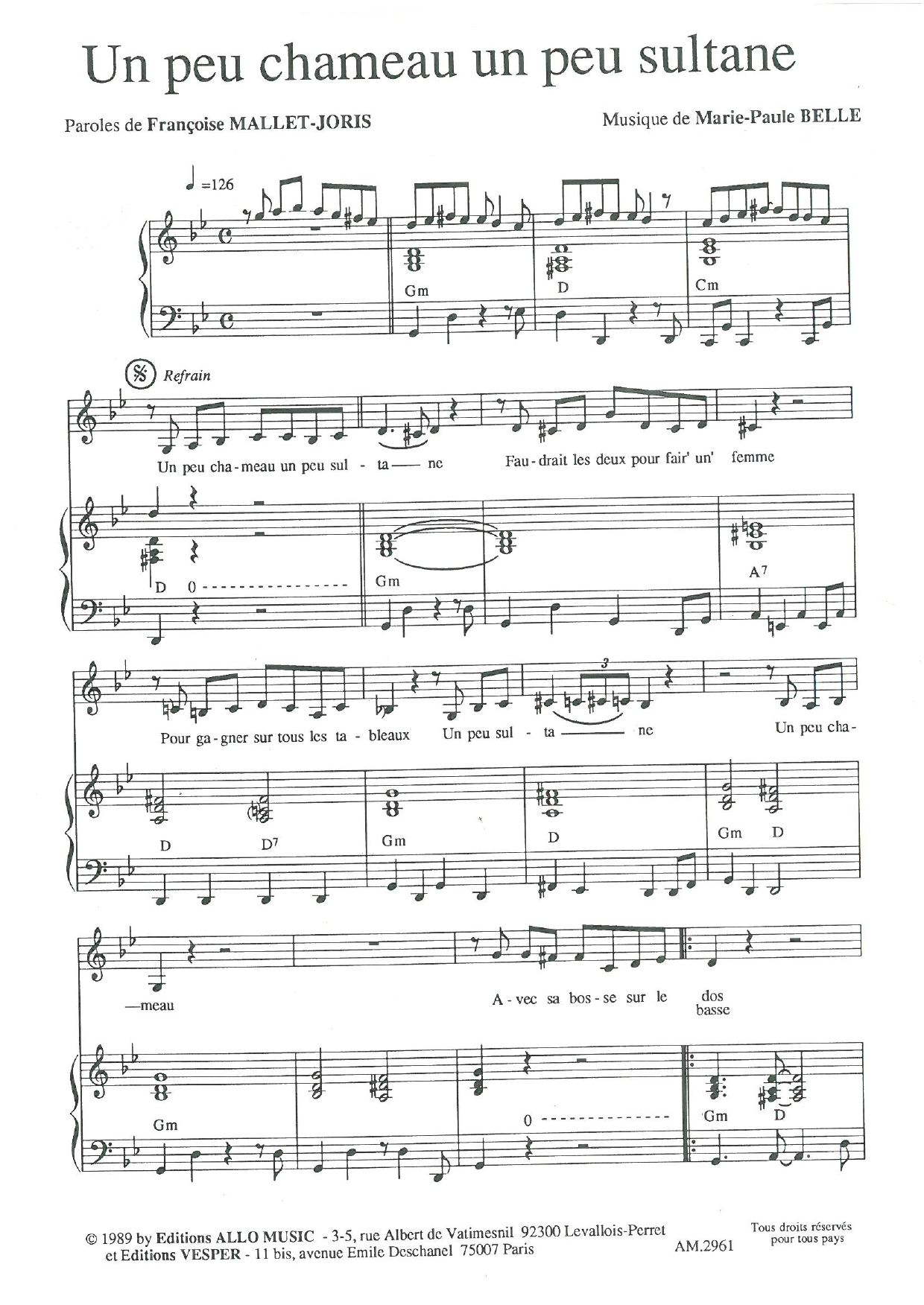 Françoise Mallet-Joris and Marie Paule Belle Un Peu Chameau Un Peu Sultane Sheet Music Notes & Chords for Piano & Vocal - Download or Print PDF Françoise Mallet-Joris and Marie Paule Belle Un Peu Chameau Un Peu Sultane Sheet Music Notes & Chords for Piano & Vocal - Download or Print PDF