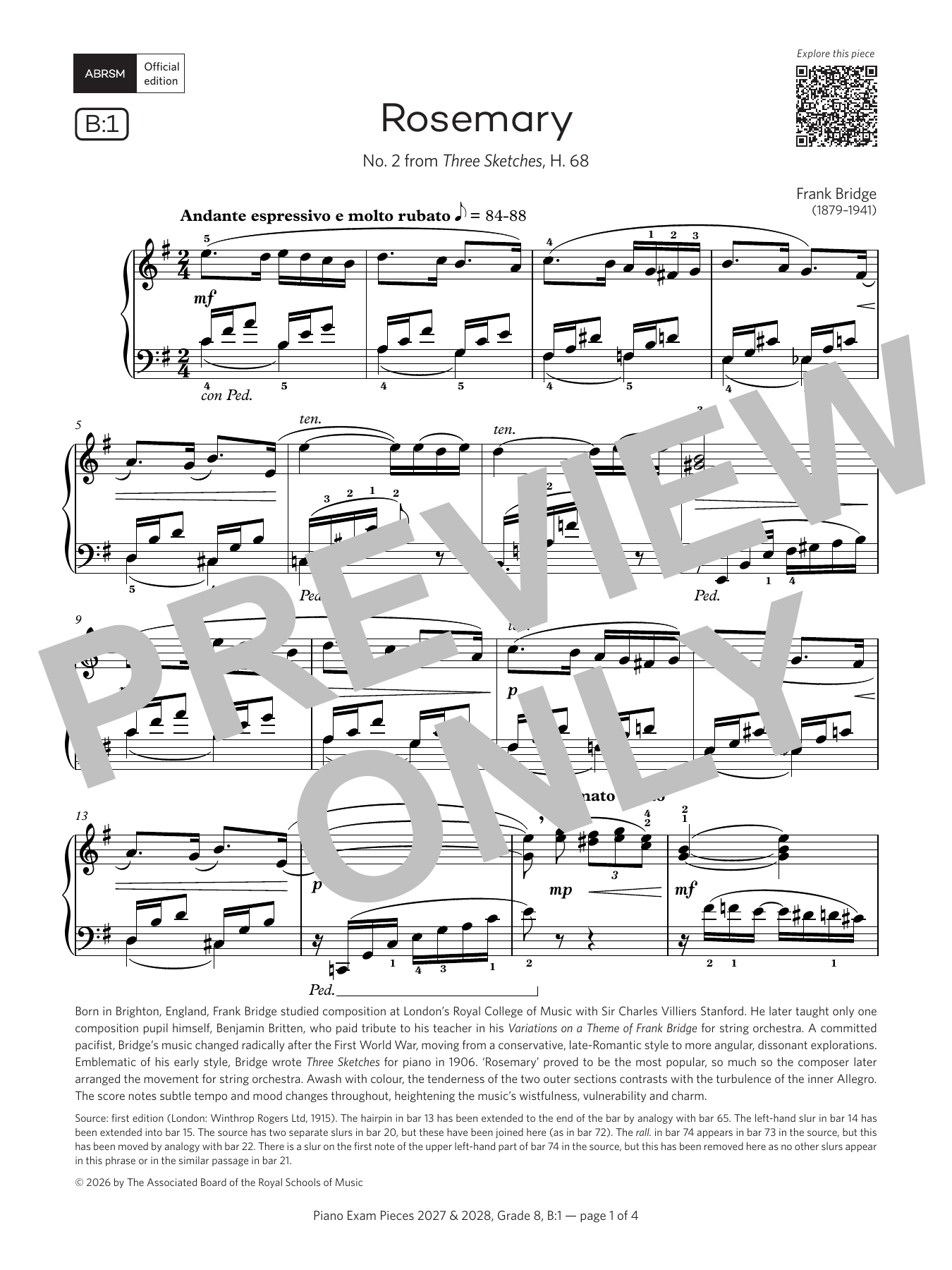 Frank Bridge Rosemary (Grade 8, list B1, from the ABRSM Piano Syllabus 2027 & 2028) Sheet Music Notes & Chords for Piano Solo - Download or Print PDF
