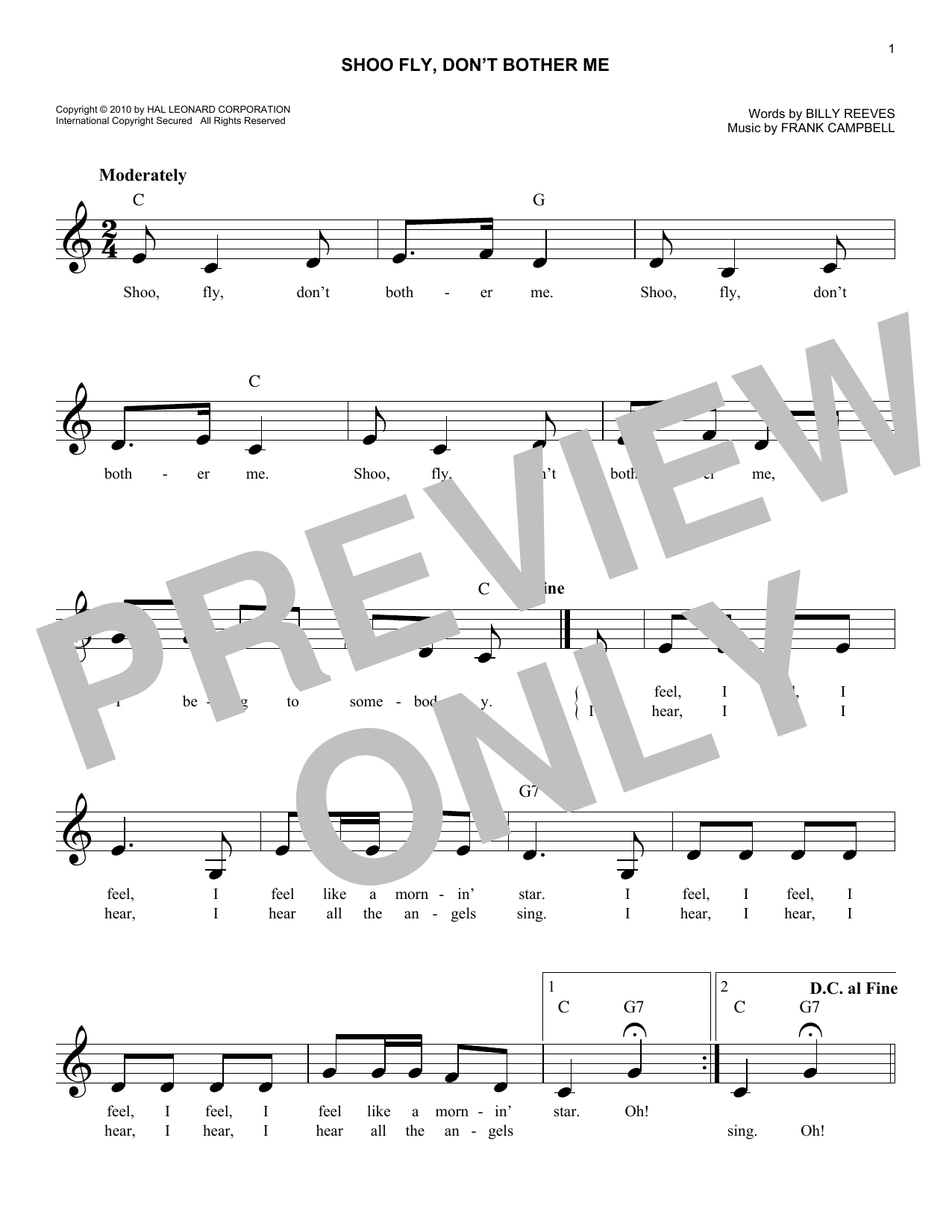 Frank Campbell Shoo Fly, Don't Bother Me Sheet Music Notes & Chords for Melody Line, Lyrics & Chords - Download or Print PDF