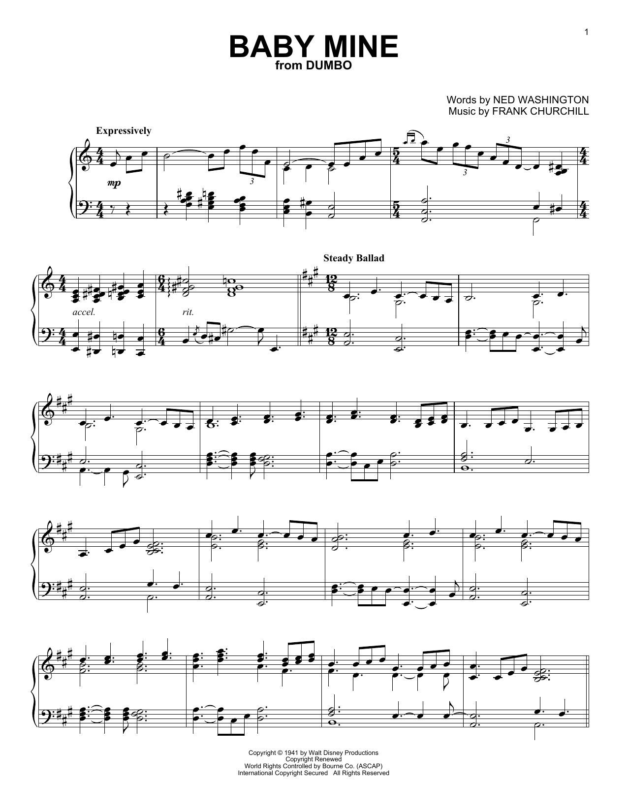 Ned Washington and Frank Churchill Baby Mine (from Walt Disney's Dumbo) Sheet Music Notes & Chords for Piano Solo - Download or Print PDF