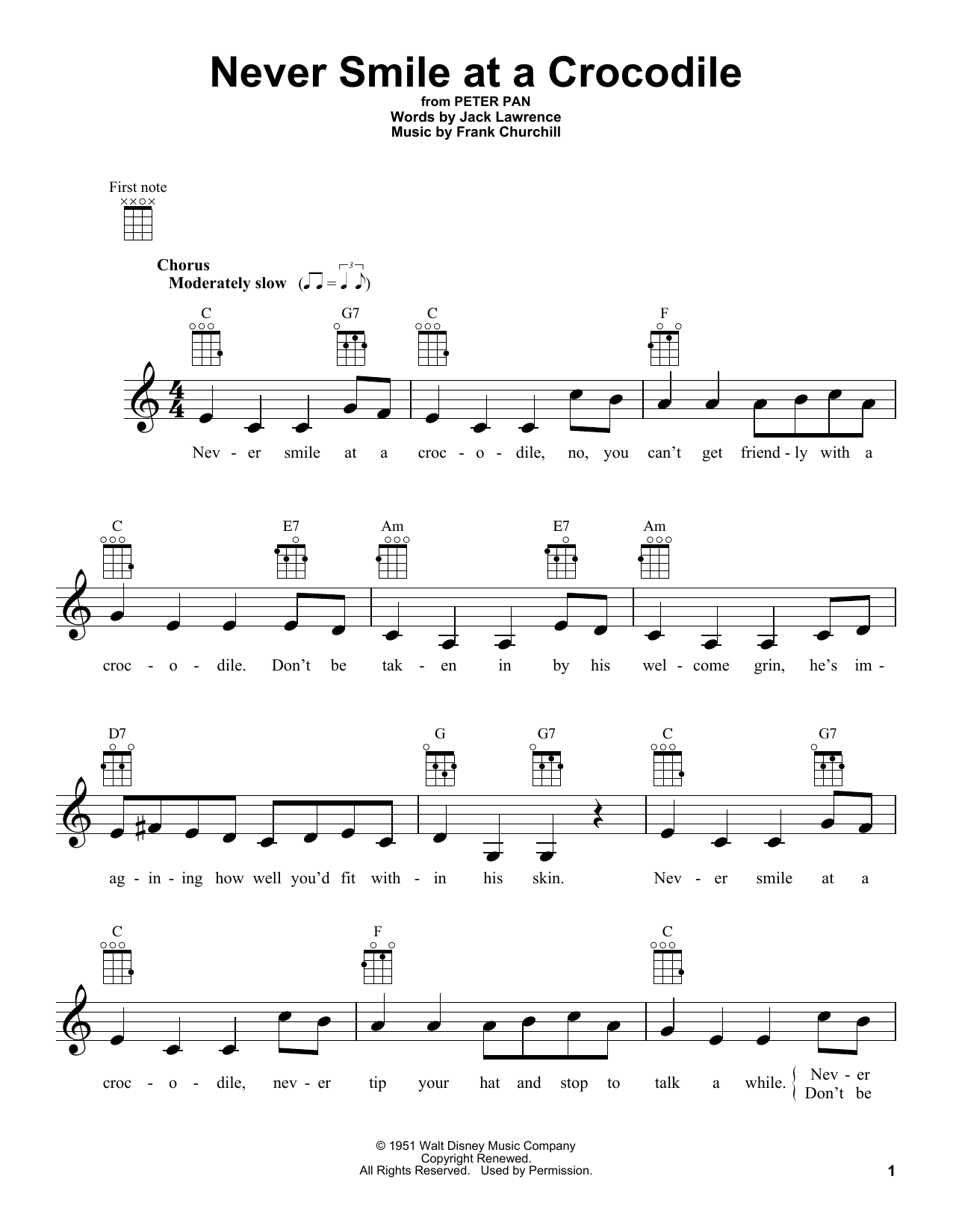 Frank Churchill Never Smile At A Crocodile (from Peter Pan) Sheet Music Notes & Chords for Ukulele - Download or Print PDF