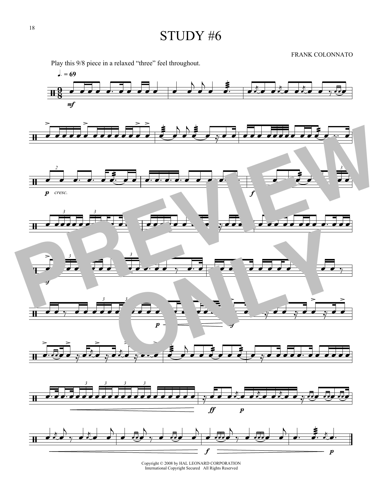 Frank Colonnato Study #6 Sheet Music Notes & Chords for Snare Drum Solo - Download or Print PDF