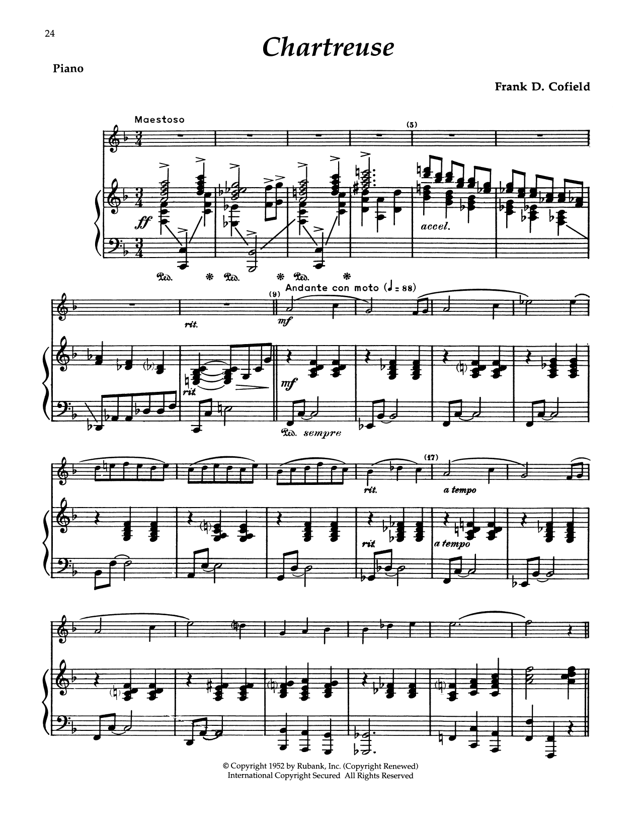 Frank D. Cofield Chartreuse Sheet Music Notes & Chords for Alto Sax and Piano - Download or Print PDF