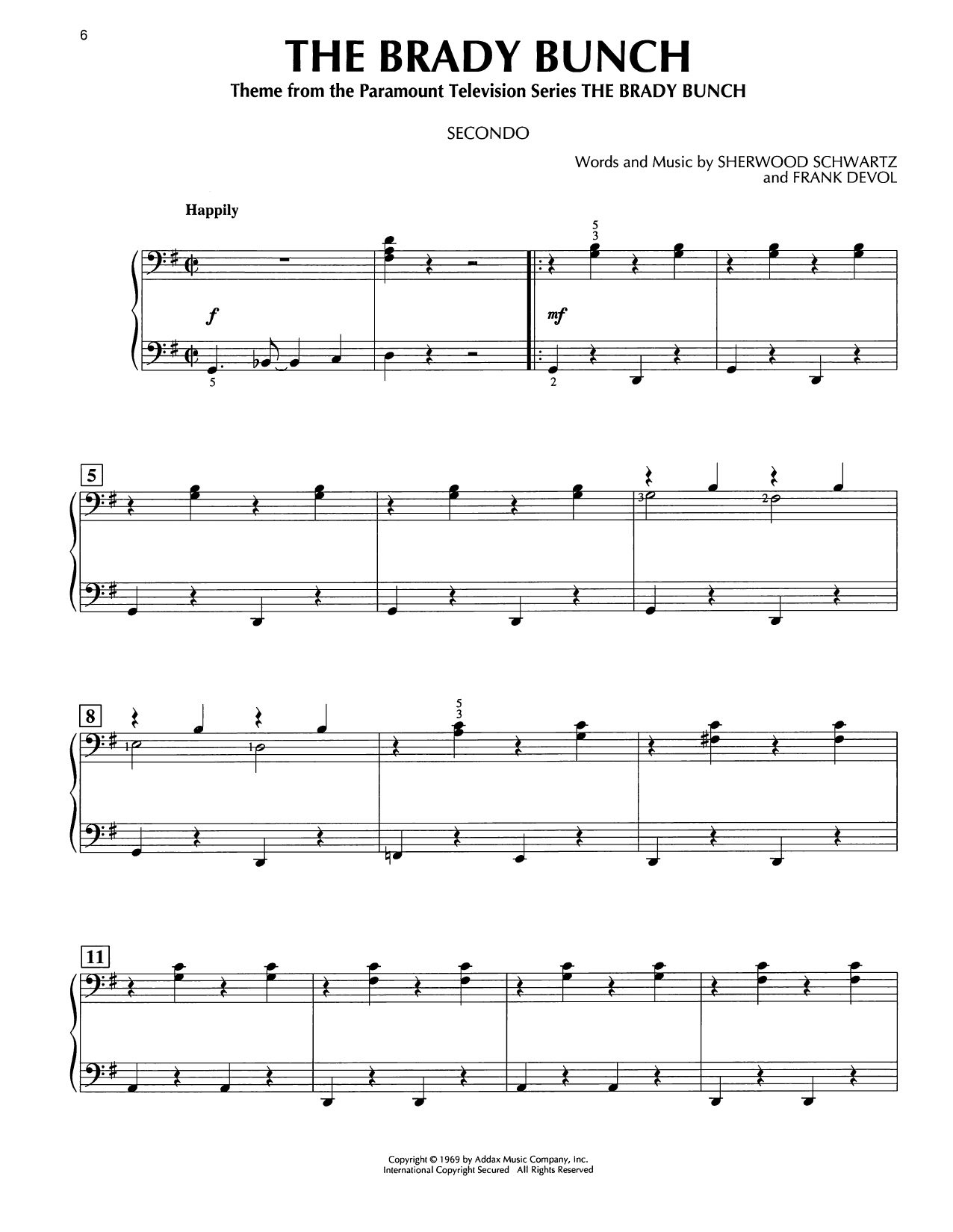 Frank DeVol The Brady Bunch Sheet Music Notes & Chords for Piano Duet - Download or Print PDF