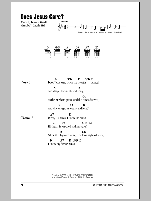 Frank E. Graeff Does Jesus Care? Sheet Music Notes & Chords for Piano, Vocal & Guitar Chords (Right-Hand Melody) - Download or Print PDF