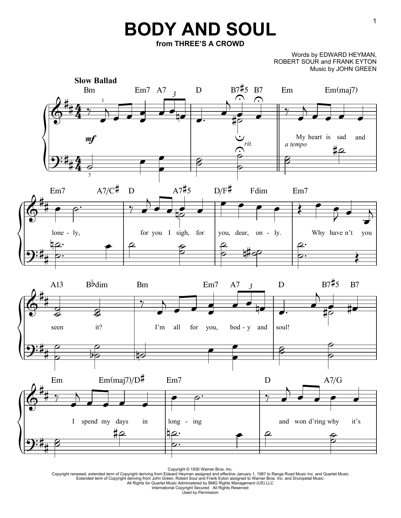 Frank Eyton Body And Soul Sheet Music Notes & Chords for Easy Piano - Download or Print PDF
