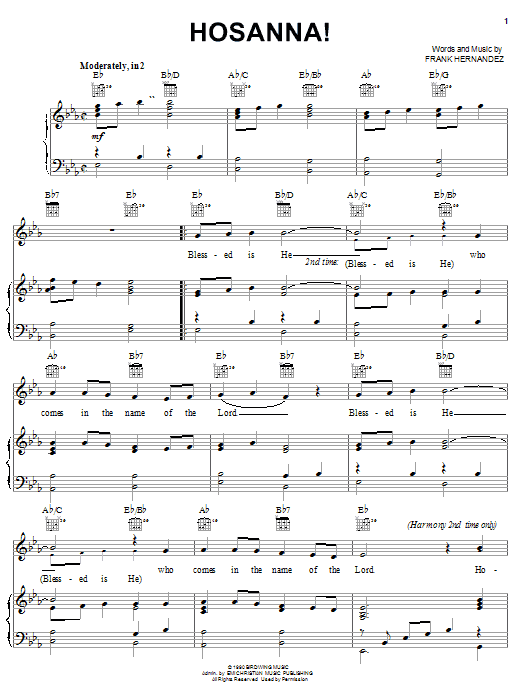 Frank Hernandez Hosanna! Sheet Music Notes & Chords for Piano, Vocal & Guitar (Right-Hand Melody) - Download or Print PDF