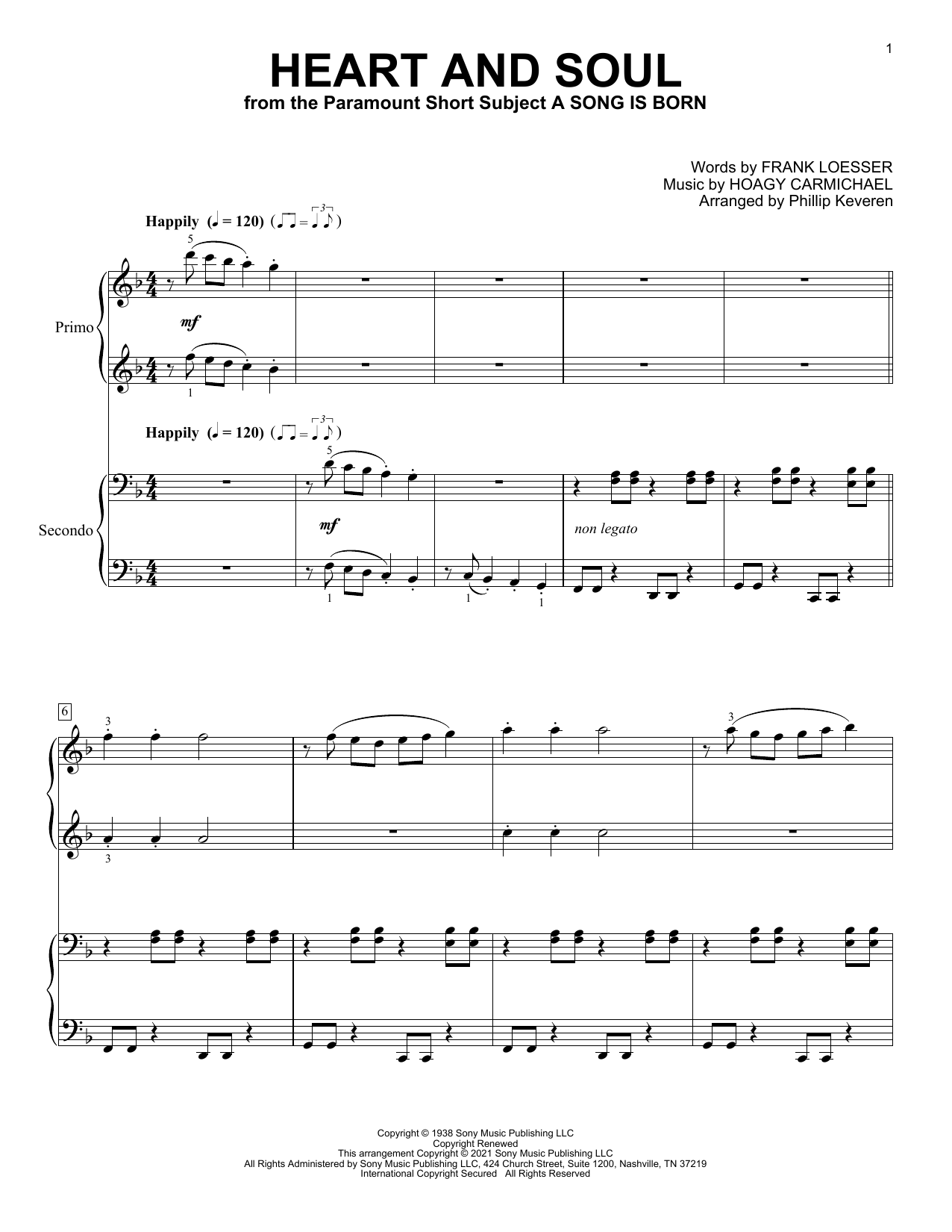 Frank Loesser & Hoagy Carmichael Heart And Soul (arr. Phillip Keveren) Sheet Music Notes & Chords for Piano Duet - Download or Print PDF
