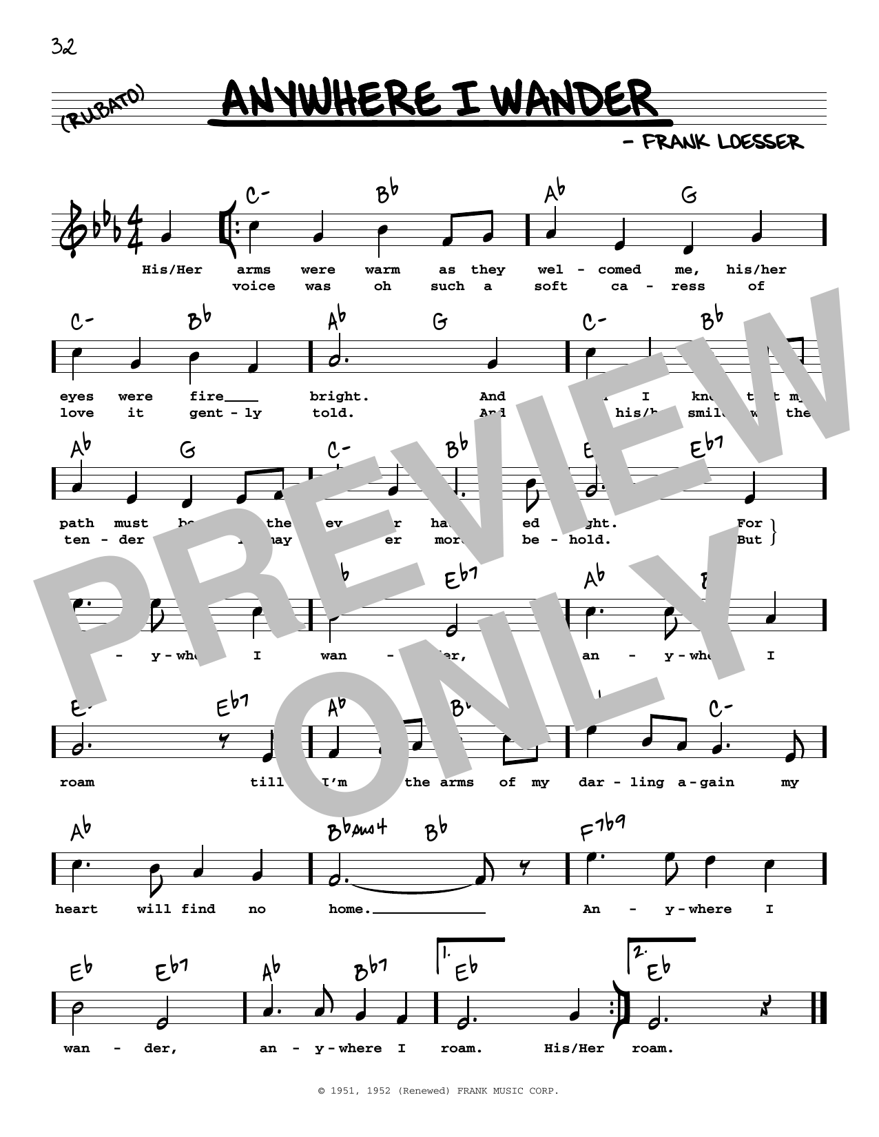 Frank Loesser Anywhere I Wander (High Voice) (from Hans Christian Andersen) Sheet Music Notes & Chords for Real Book – Melody, Lyrics & Chords - Download or Print PDF