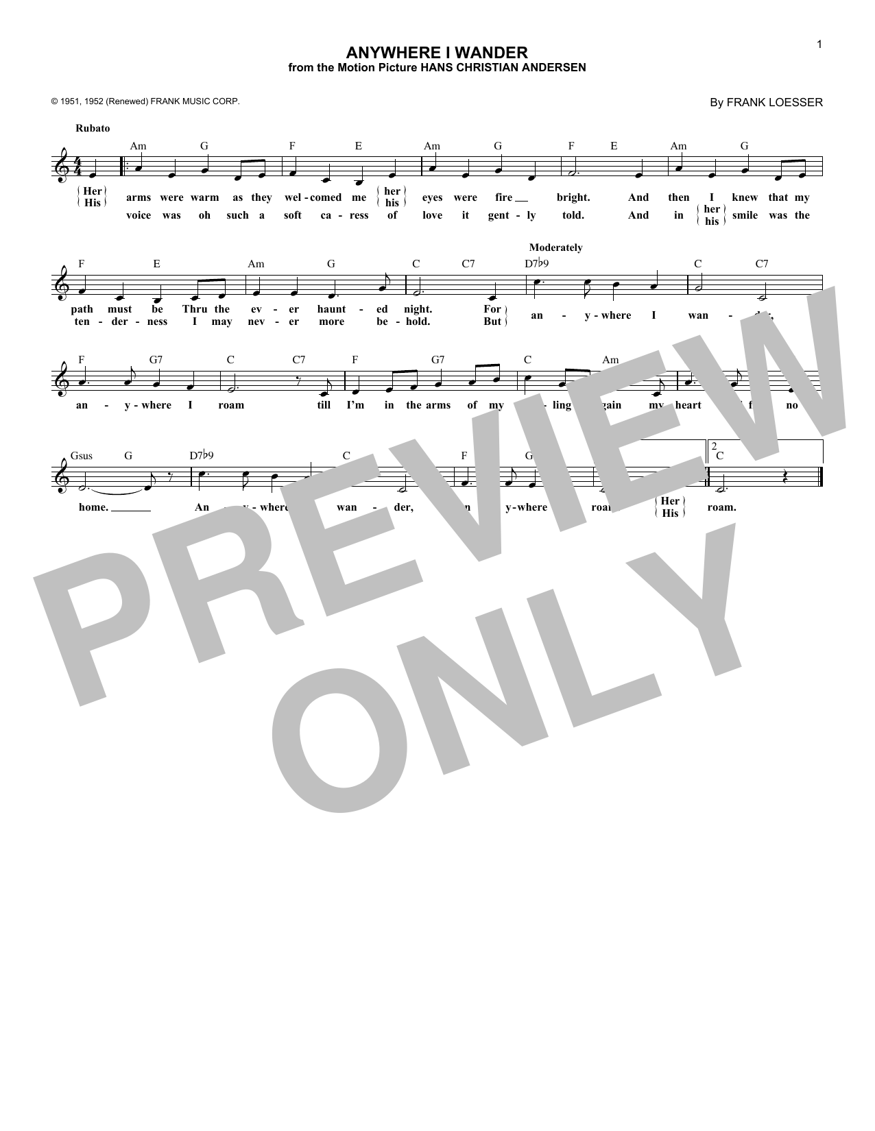 Frank Loesser Anywhere I Wander Sheet Music Notes & Chords for Piano, Vocal & Guitar Chords (Right-Hand Melody) - Download or Print PDF