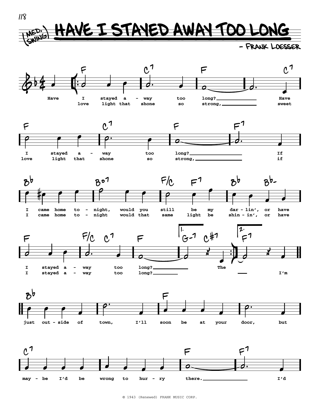 Frank Loesser Have I Stayed Away Too Long (High Voice) Sheet Music Notes & Chords for Real Book – Melody, Lyrics & Chords - Download or Print PDF