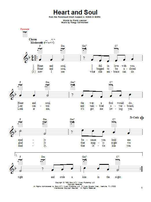 Frank Loesser Heart And Soul Sheet Music Notes & Chords for Easy Ukulele Tab - Download or Print PDF