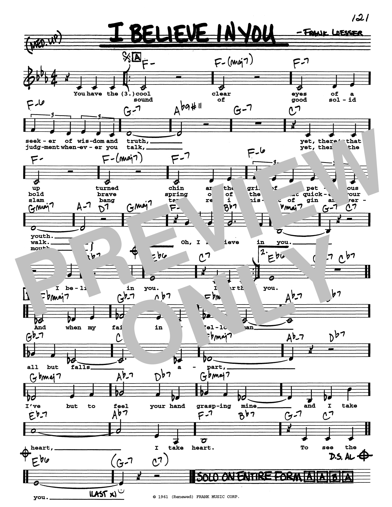 Frank Loesser I Believe In You (Low Voice) Sheet Music Notes & Chords for Real Book – Melody, Lyrics & Chords - Download or Print PDF