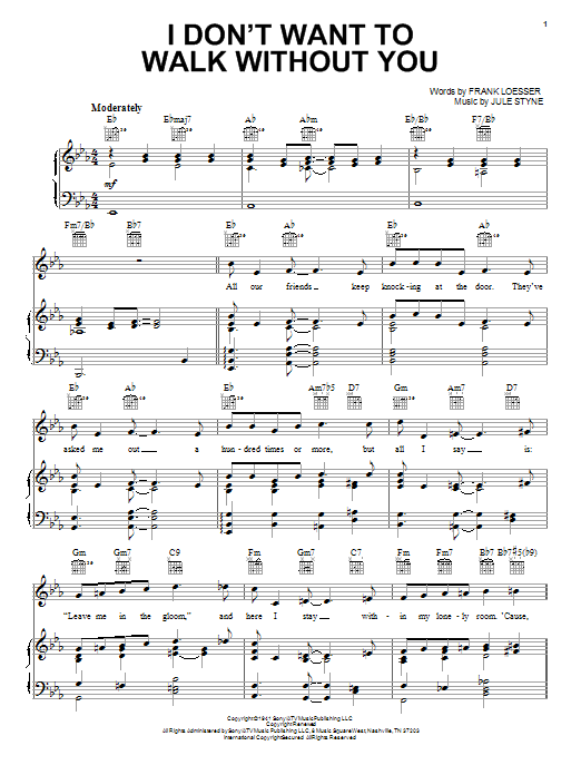 Frank Loesser I Don't Want To Walk Without You Sheet Music Notes & Chords for Piano, Vocal & Guitar (Right-Hand Melody) - Download or Print PDF