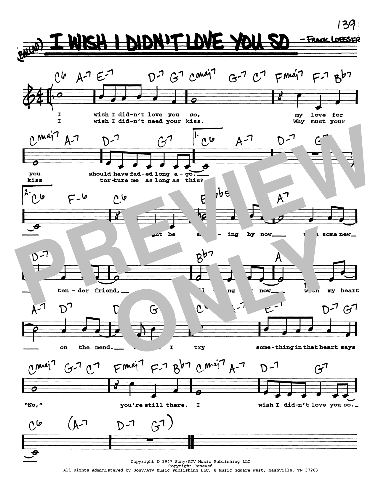 Frank Loesser I Wish I Didn't Love You So (Low Voice) Sheet Music Notes & Chords for Real Book – Melody, Lyrics & Chords - Download or Print PDF