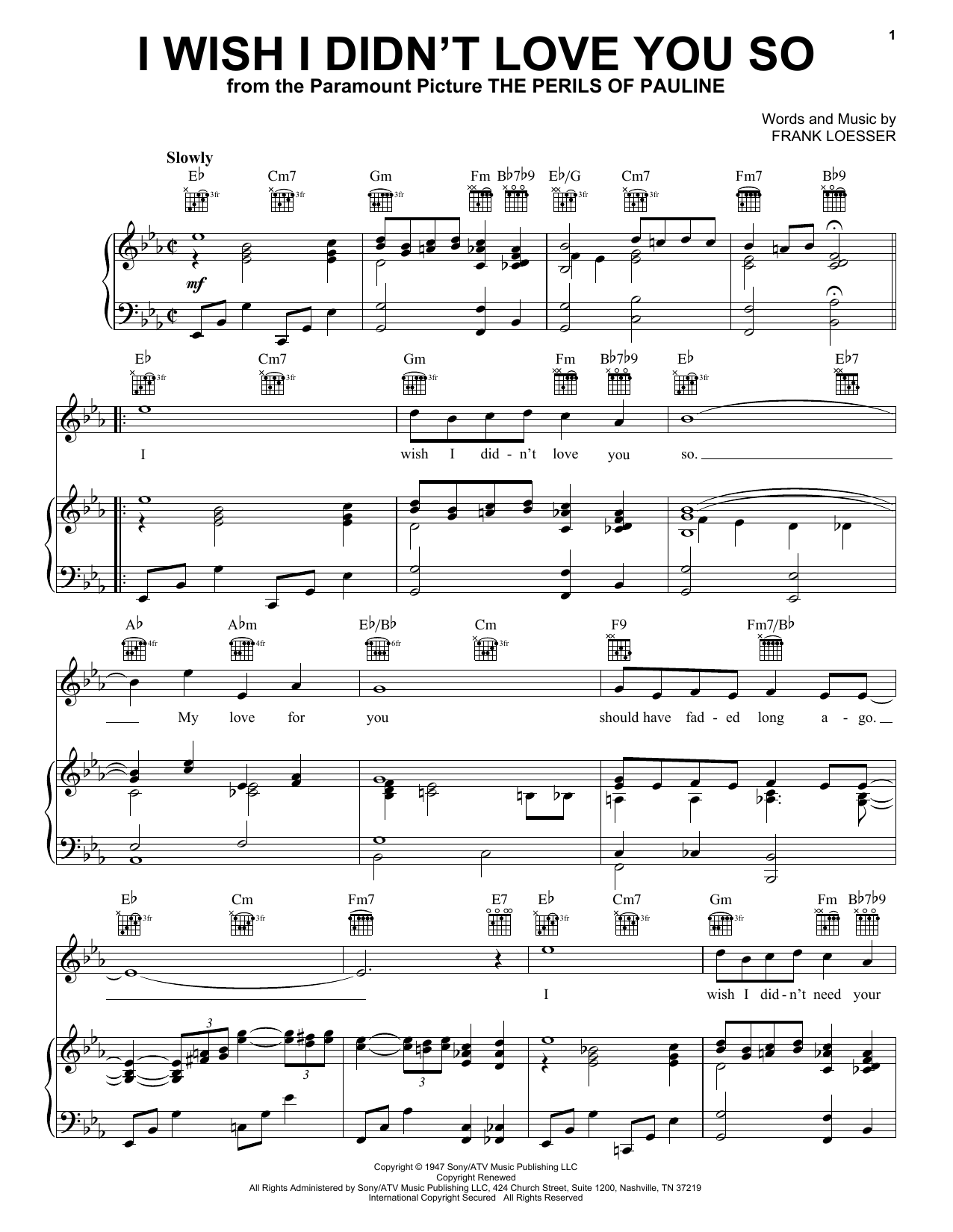 Frank Loesser I Wish I Didn't Love You So Sheet Music Notes & Chords for Piano, Vocal & Guitar (Right-Hand Melody) - Download or Print PDF