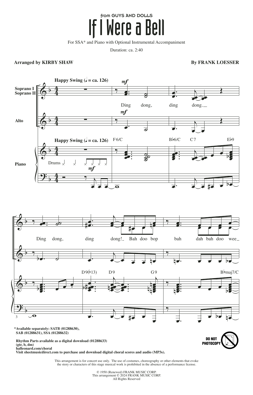 Frank Loesser If I Were A Bell (from Guys And Dolls) (arr. Kirby Shaw) Sheet Music Notes & Chords for SSA Choir - Download or Print PDF