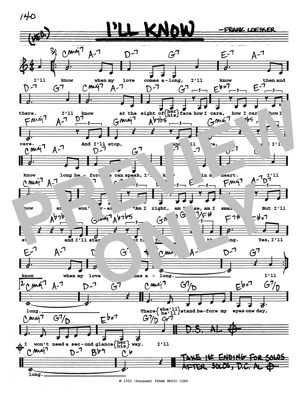 Frank Loesser I'll Know (Low Voice) Sheet Music Notes & Chords for Real Book – Melody, Lyrics & Chords - Download or Print PDF