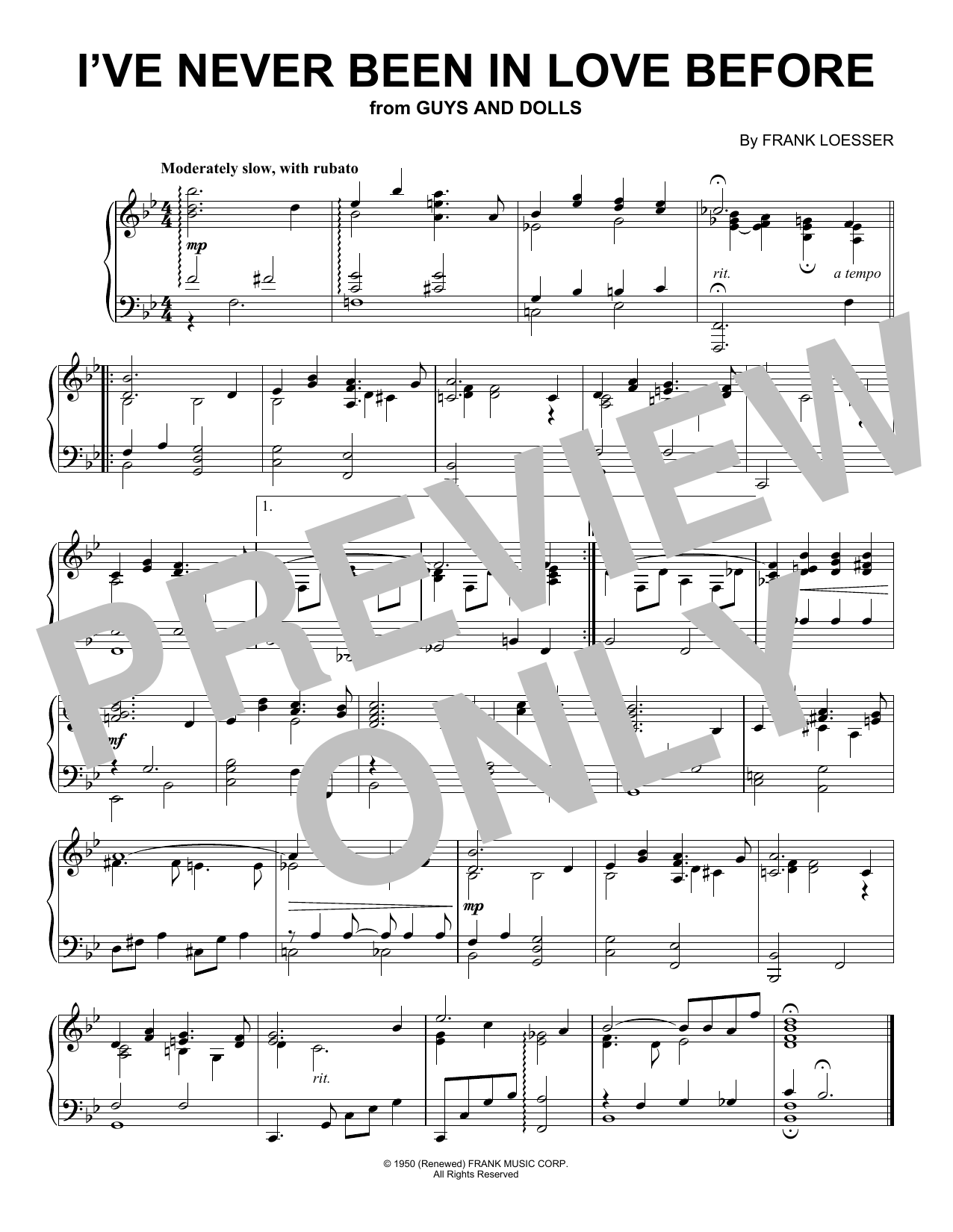 Frank Loesser I've Never Been In Love Before (from Guys And Dolls) (Peaceful Piano Solo) Sheet Music Notes & Chords for Piano Solo - Download or Print PDF Frank Loesser I've Never Been In Love Before (from Guys And Dolls) (Peaceful Piano Solo) Sheet Music Notes & Chords for Piano Solo - Download or Print PDF